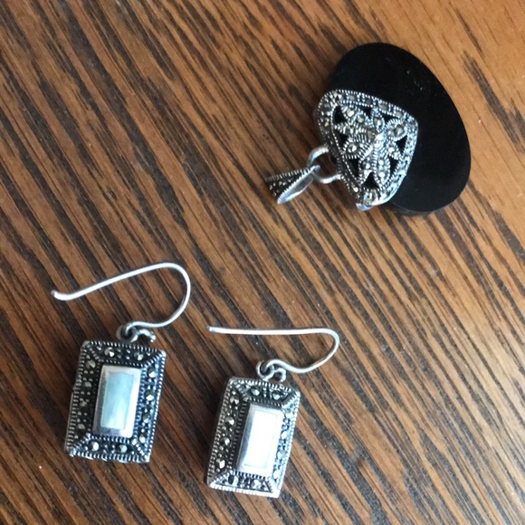 Sterling Onyx Marcasite Filagree Pendant Earrings - Picture 3 of 11